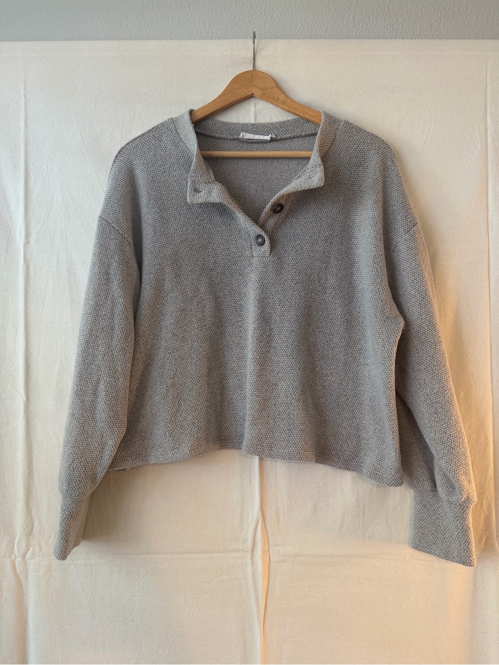 Lush Cropped Light Gray Button-Neck Knit Henley Sweater